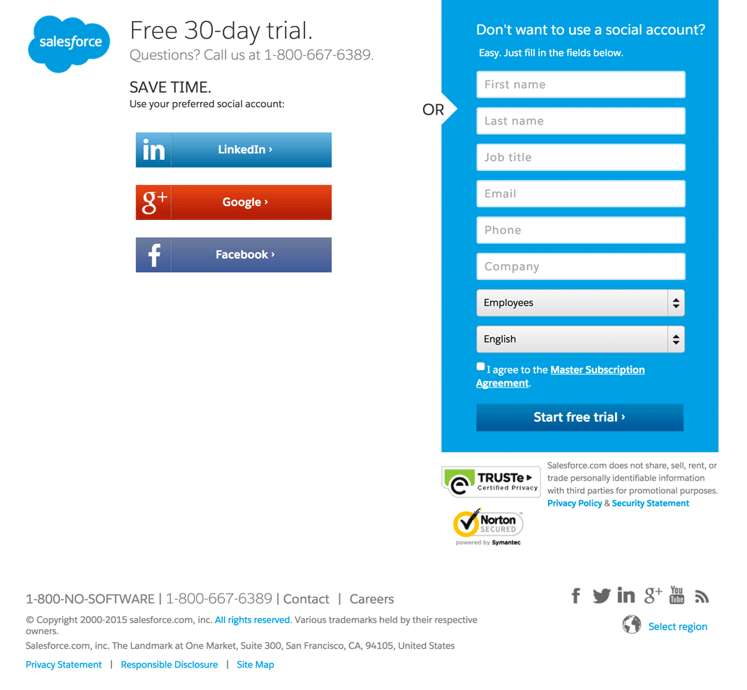 Salesforce trial sign-up page