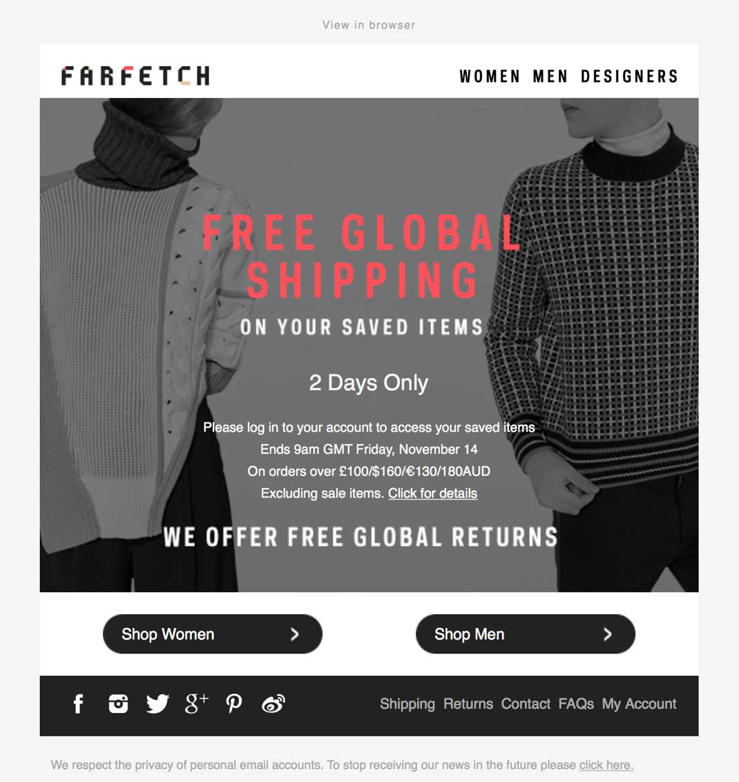 Farfetch shopping cart reminder