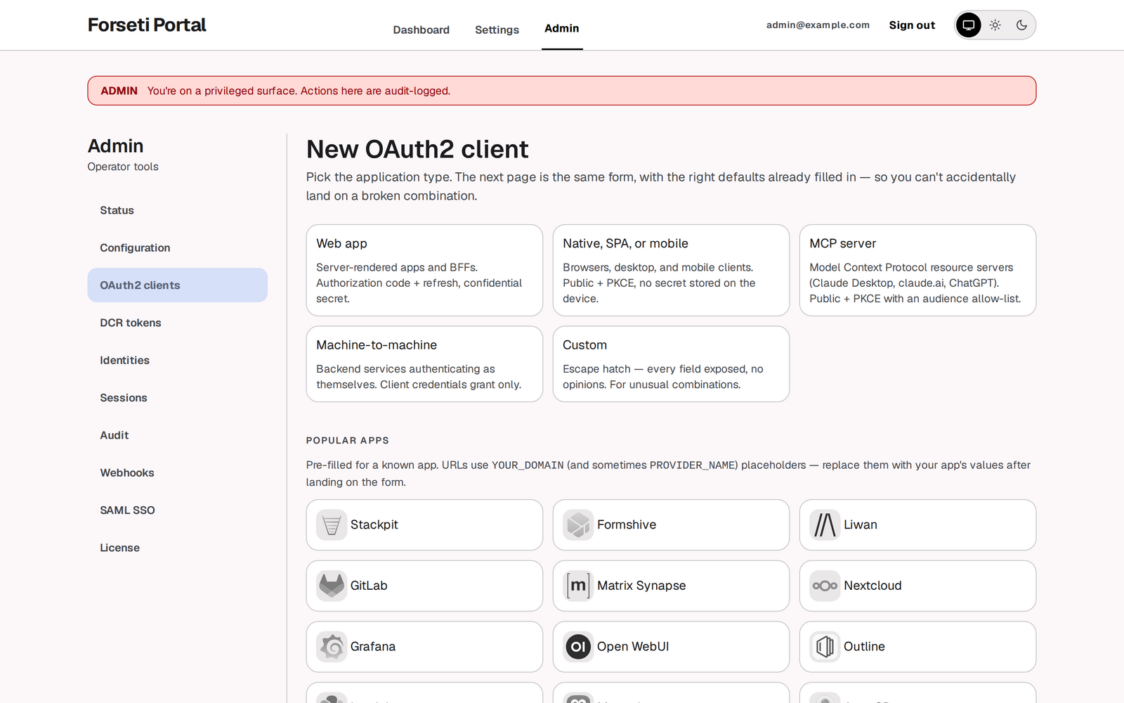 Forseti admin: create a new OAuth2 client from typed presets