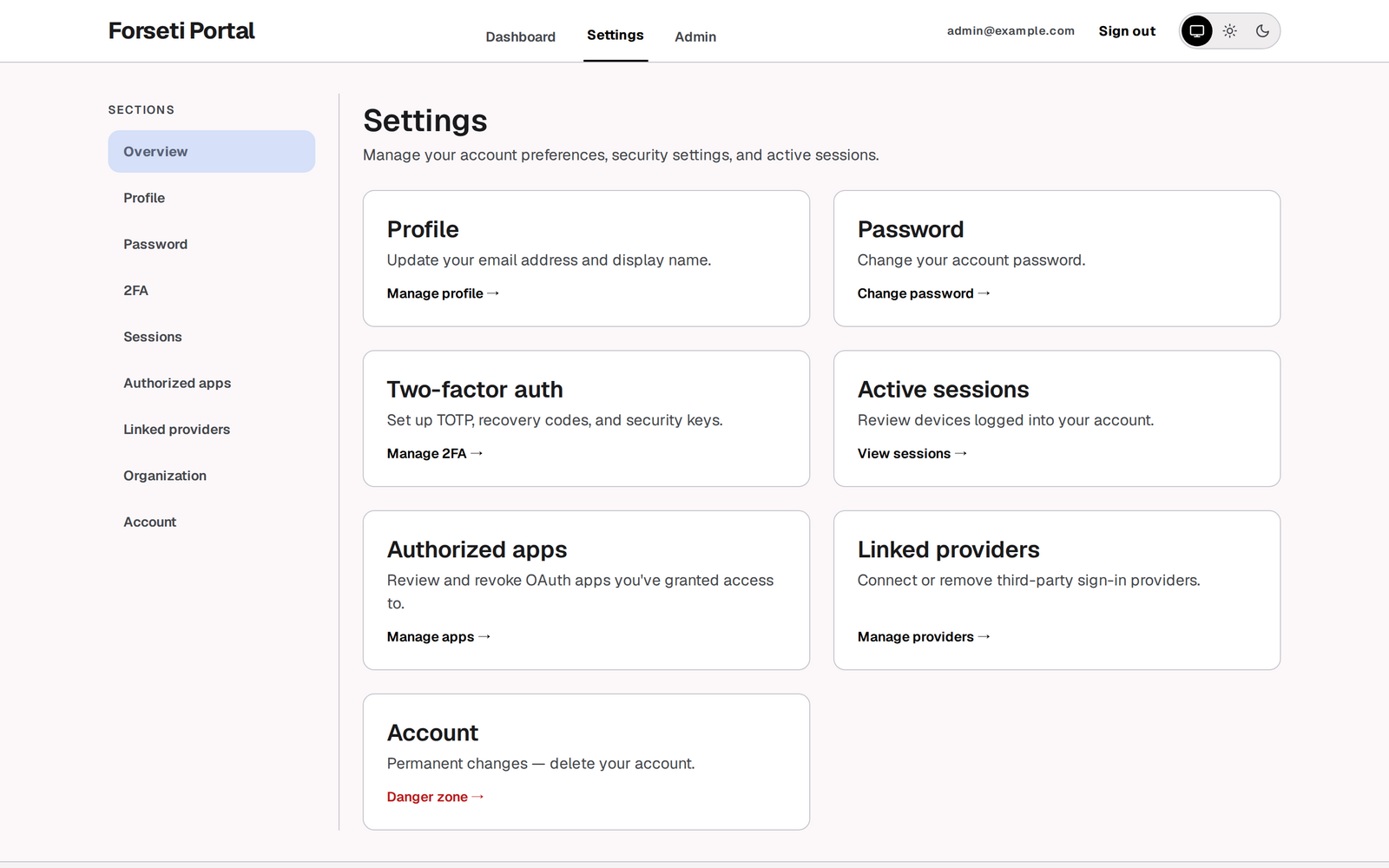 Forseti settings overview: profile, password, 2FA, sessions and linked providers