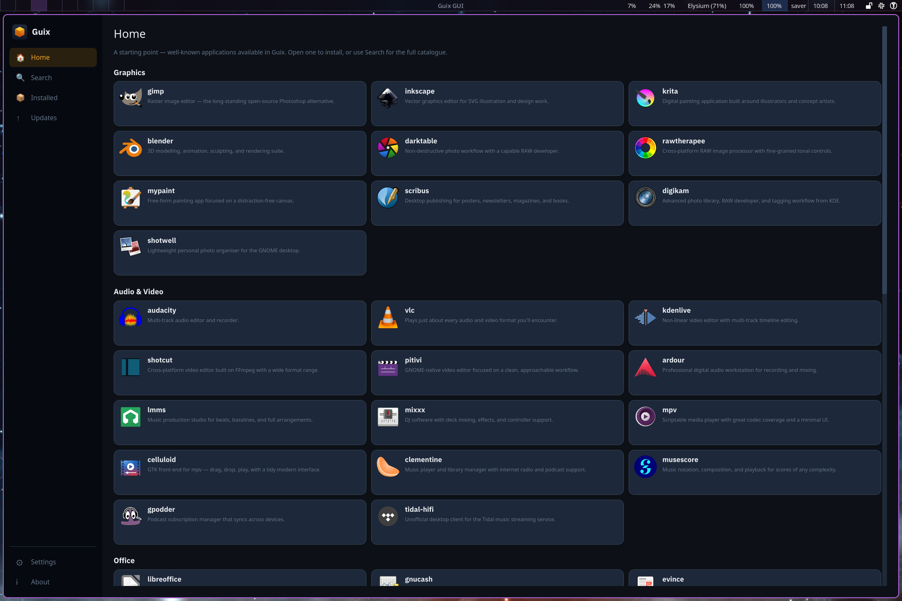 guix-rs Home view: a catalogue browser showing curated applications grouped by category — Graphics (GIMP, Inkscape, Krita, Blender, Darktable and more) and Audio & Video — each with an icon, name and short description
