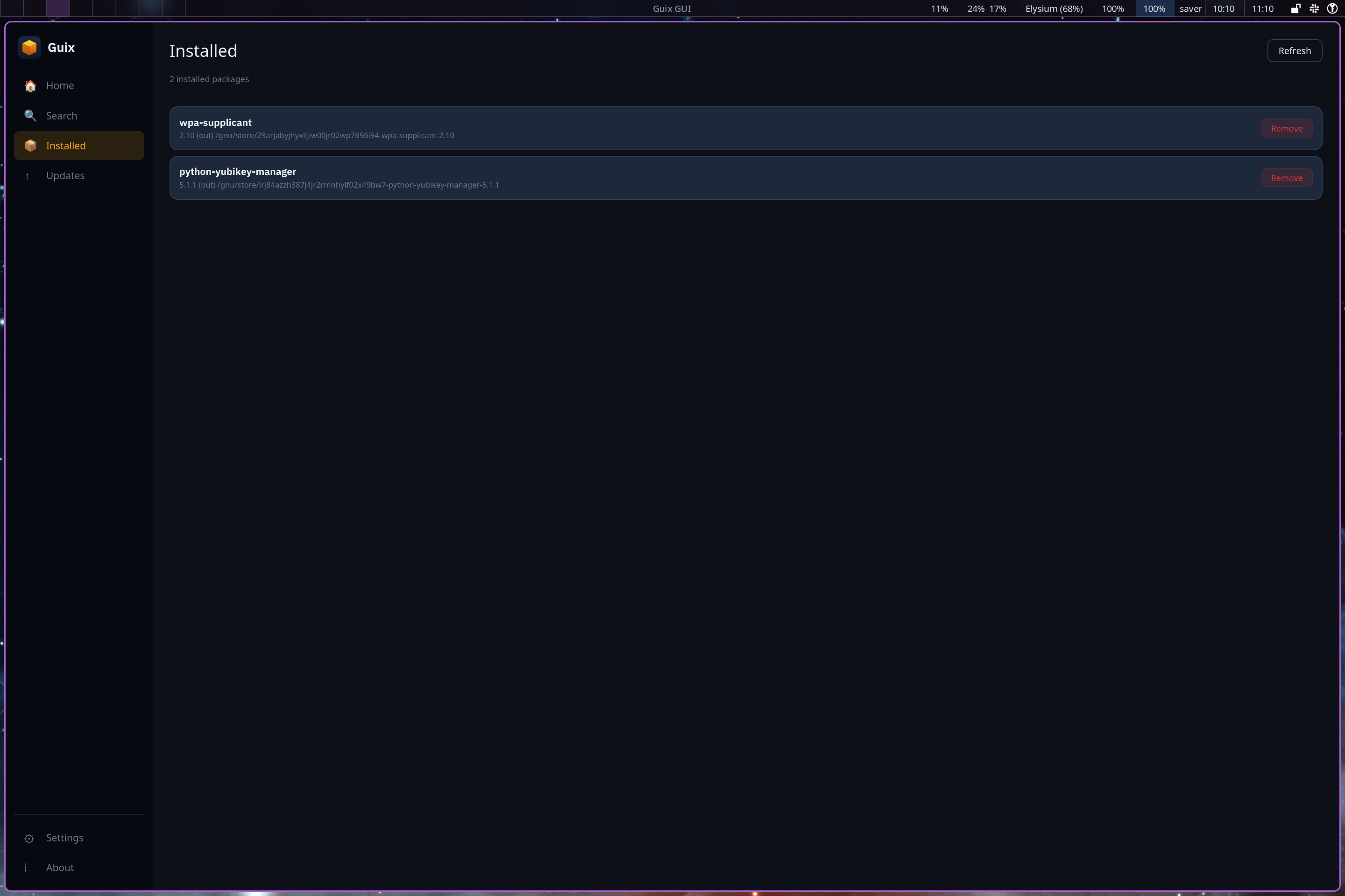 guix-rs Installed view: a list of installed user-profile packages, each with its store path and version, and an amber Remove button per row