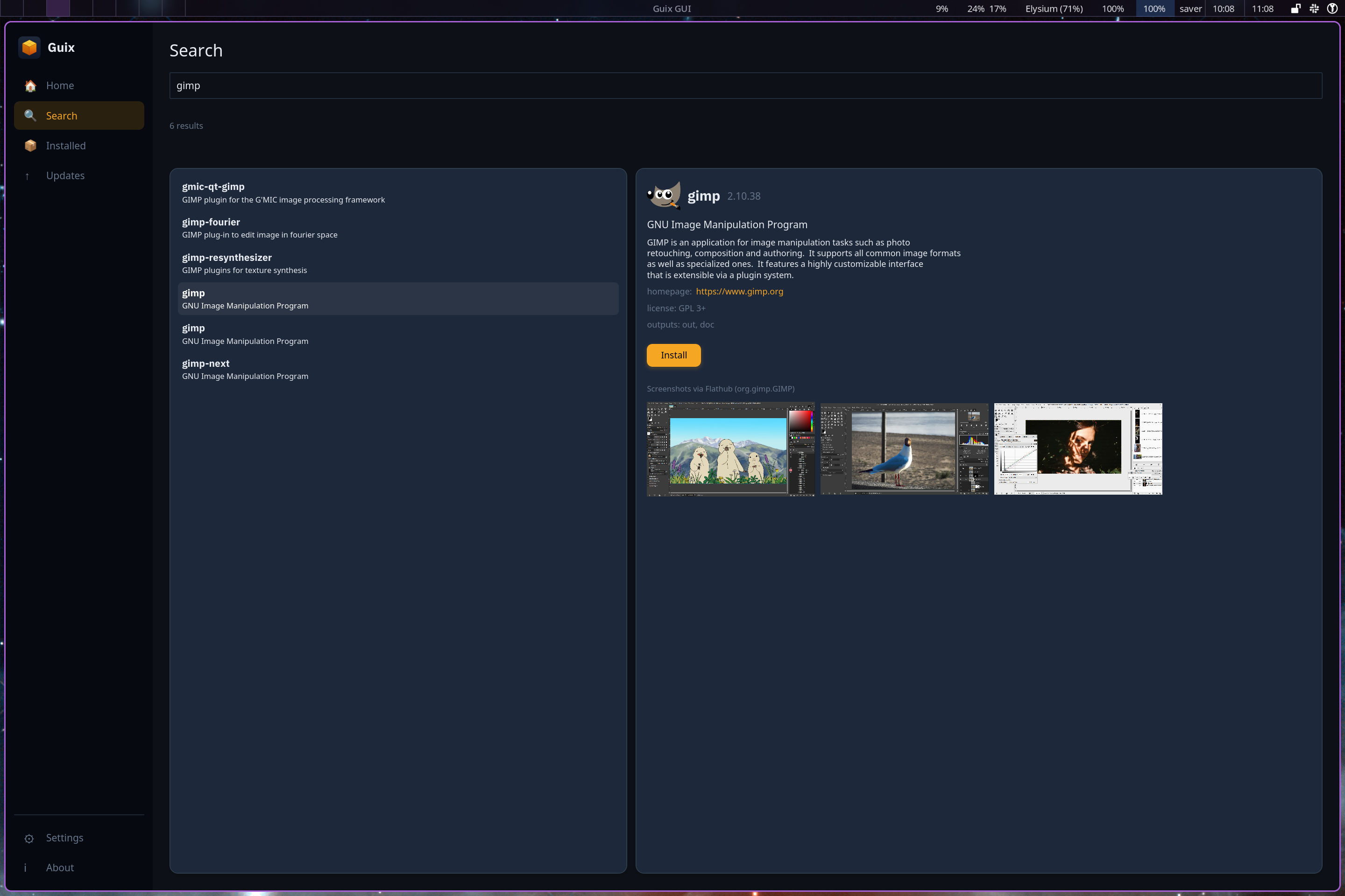 guix-rs search view: a results list on the left and a package detail pane on the right showing version, synopsis, homepage, license, upstream screenshots and an amber Install button