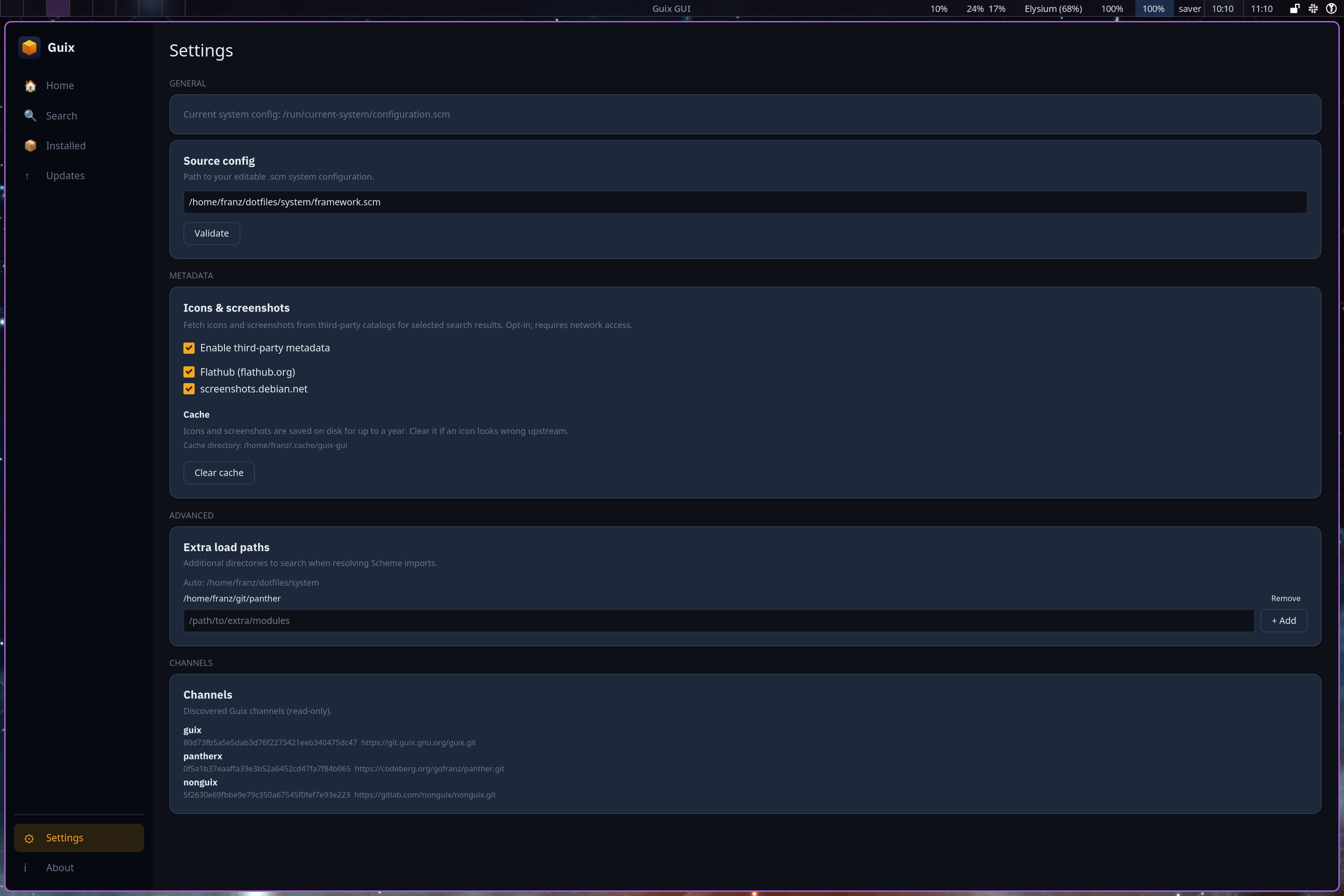 guix-rs Settings view: paths to the system configuration, third-party icon and screenshot metadata sources (Flathub, screenshots.debian.net), a cache control, extra Scheme load paths, and the discovered Guix channels — guix, panther and nonguix — with their revisions