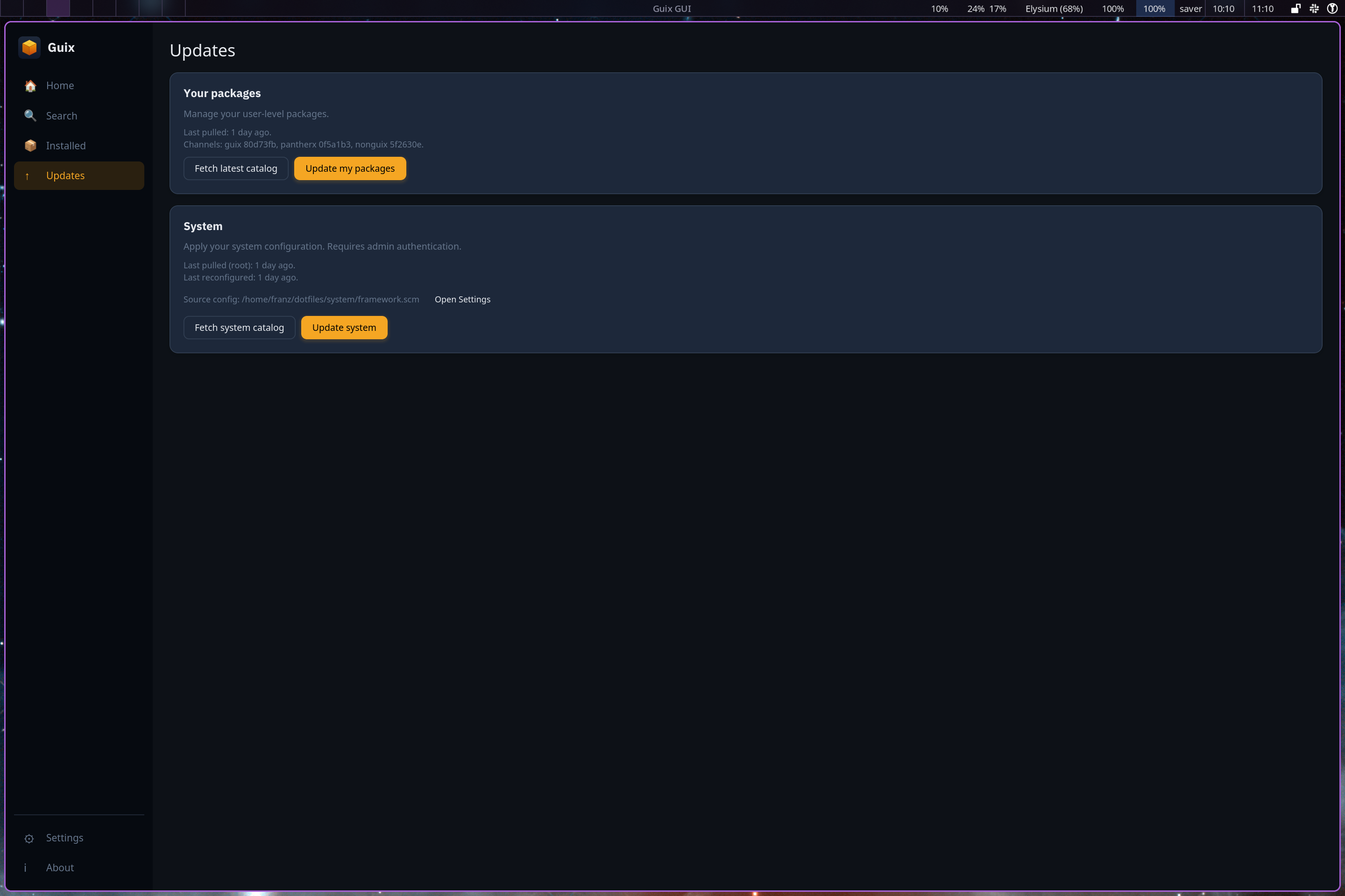 guix-rs Updates view: a Your packages panel to fetch the latest catalog and update user packages with channel revisions shown, and a System panel for guix pull and reconfigure gated behind admin authentication