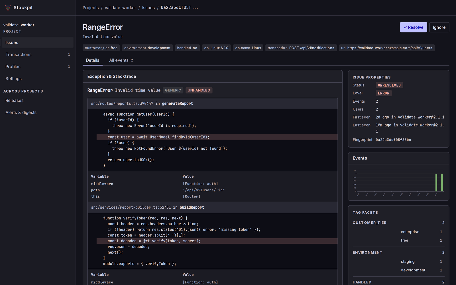 Stackpit issue detail with exception, stacktrace and tag facets