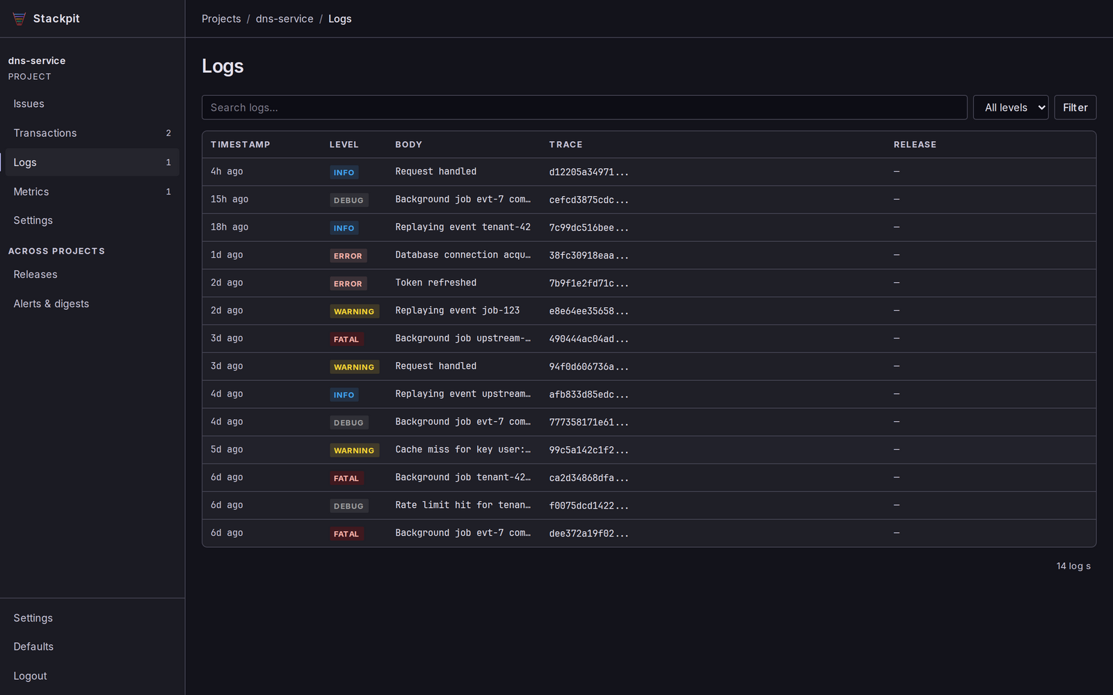 Stackpit logs view, searchable and filtered by level